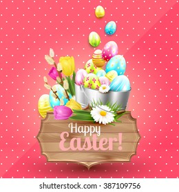 Easter greeting card with colorful eggs, flowers, metal bucket and wooden sign on pink background