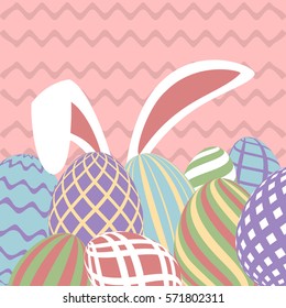 Easter greeting card with colorful eggs and bunny ears. Vector illustration