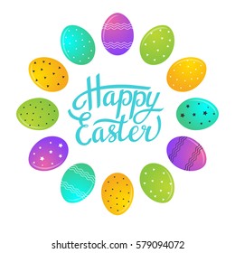 Easter greeting card with colorful eggs on a white background. Vector illustration