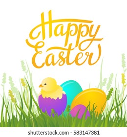 Easter greeting card with colorful eggs and chickens. Vector illustration