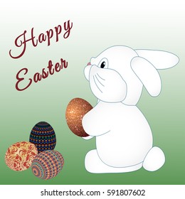 Easter greeting card with colorful eggs and bunny. Vector illustration. EPS10