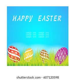 Easter greeting card with colorful eggs on blue background.