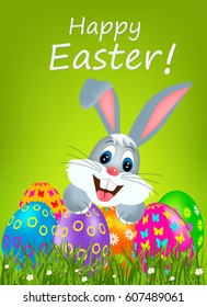 Easter greeting card with colorful eggs and bunny.