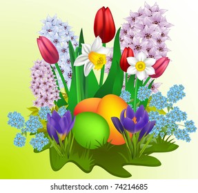 Easter greeting card with colorful eggs and bunch of spring flowers