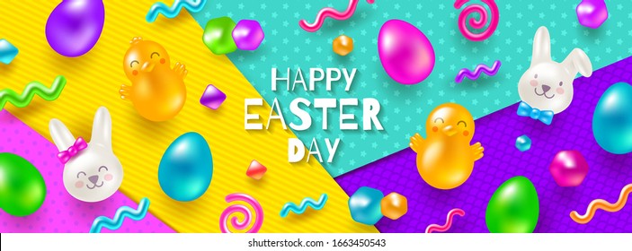 Easter greeting card. Colorful jelly in the shape of rabbits, chickens, eggs and other shapes on a multicolored paper background. Vector design for greeting card, invitation, flyer, promotion and etc.