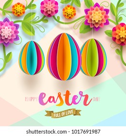 Easter greeting card - colorful paper eggs and flowers. Vector illustration.