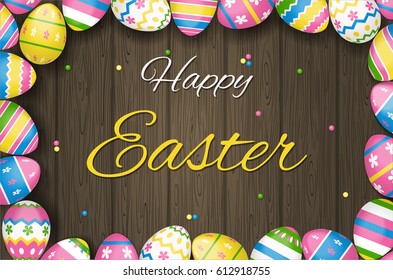 Easter greeting card with colorful realistic eggs on a wooden background