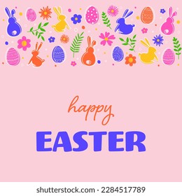 Ostergrußkarte mit bunten Eiern, Bretten und Blumen. Osterdekoration. Vektorgrafik 
