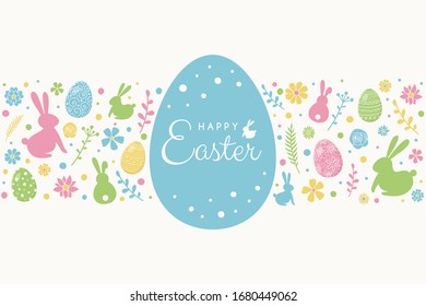 Easter greeting card with colourful bunnies, eggs and flowers. Vector