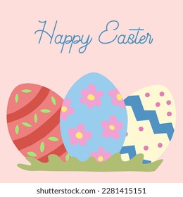 Ostergrußkarte mit bunten Eiern, Gras und Text Frohe Ostern, Doodle-Stil, Vektorgrafik