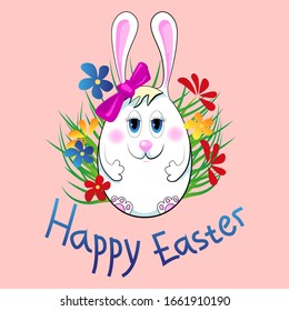 Easter greeting card concept. Bunny girl with a bow on her ear and spring flowers. Vector illustration