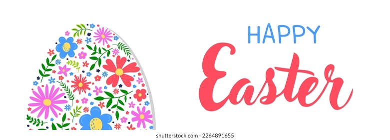 Easter greeting card. Concept of Easter egg with flowers. Panoramic header. Vector illustration