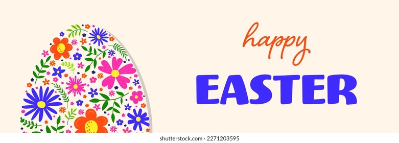 Easter greeting card. Concept of Easter egg with flowers. Panoramic header. Vector illustration