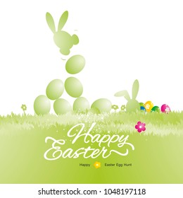 Easter greeting card concept rabbit eggs green background vector