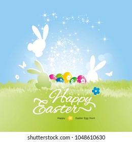 Easter greeting card concept rabbits eggs colorful vector