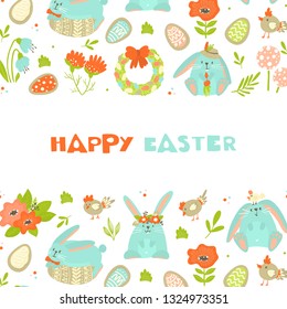 Easter greeting card with cookie eggs, cute rabbits, hen, flowers, wreath, leaves on white background. Perfect for holiday invitation 
