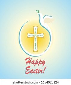 Easter greeting card with cross and flying white dove with olive branch on the blue background with yellow sun. Flat design