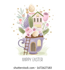 Easter greeting card with a Cup , flowers, eggs, bird, and composition elements. Printing on fabric, paper, postcards, invitations.