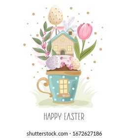 Easter greeting card with a Cup , flowers, eggs, bird, and composition elements. Printing on fabric, paper, postcards, invitations.