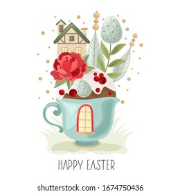 Easter greeting card with a Cup , flowers, eggs, bird, and composition elements. Printing on fabric, paper, postcards, invitations.
