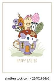 Easter greeting card with a Cup , flowers, eggs, bird, and composition elements. Printing on fabric, paper, postcards, invitations.