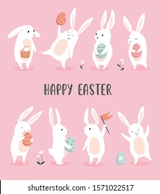 Easter greeting card with cute bunnies. Egg hunting poster. Vector illustration.