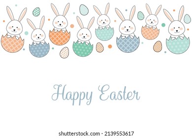 Easter greeting card with cute bunnies and eggs. Vector
