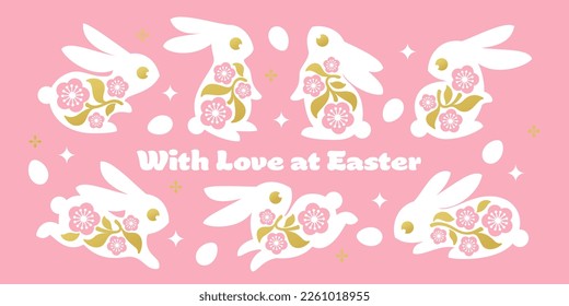 Easter greeting card with cute bunnies and spring flowers. Elegant vector illustration of white rabbits, floral branches and easter eggs on pink background