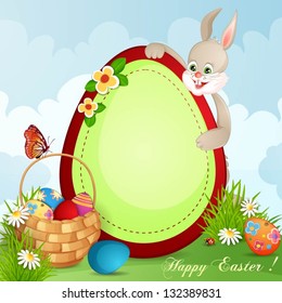 Easter greeting card with cute bunny and basket with Easter eggs