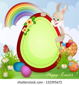 Easter greeting card with cute bunny and basket with Easter eggs