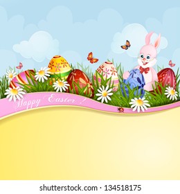 Easter greeting card with cute bunny and Easter eggs