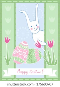 Easter greeting card with cute bunny, some easter eggs, tulips and banner with lettering. Soft springs colors. Vector file is EPS8. All elements are grouped.