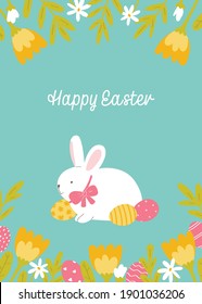 Easter greeting card. Cute bunny, flowers and Easter eggs on a blue background. Vector illustration in flat style