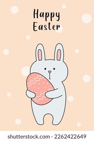 Easter greeting card with cute bunny holding Easter egg. Template for postcard, greeting card, invitation, poster, banner. Vector illustration