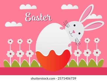 Easter greeting card with cute bunny and egg. Vector illustration.