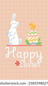 Easter greeting card with cute bunny standing near decorated egg with chick and leaves, and happy easter message on a dotted background