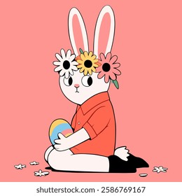 Easter greeting card with cute bunny and flowers. Vector cartoon illustration.