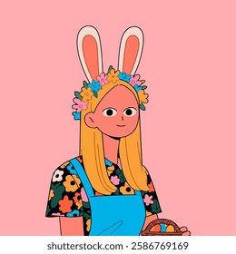 Easter greeting card with cute bunny and flowers. Vector cartoon illustration.