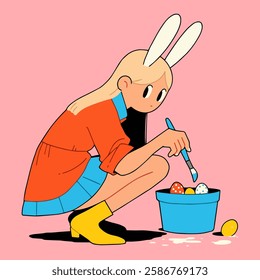 Easter greeting card with cute bunny and flowers. Vector cartoon illustration.
