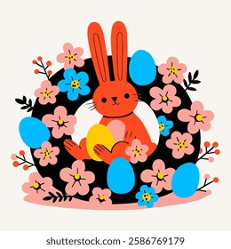 Easter greeting card with cute bunny and flowers. Vector cartoon illustration.