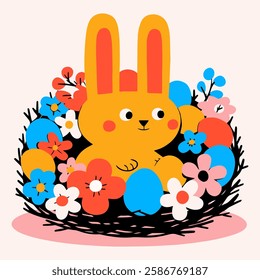 Easter greeting card with cute bunny and flowers. Vector cartoon illustration.