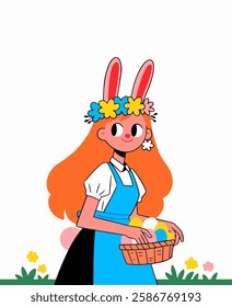 Easter greeting card with cute bunny and flowers. Vector cartoon illustration.