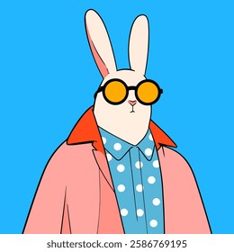 Easter greeting card with cute bunny and flowers. Vector cartoon illustration.