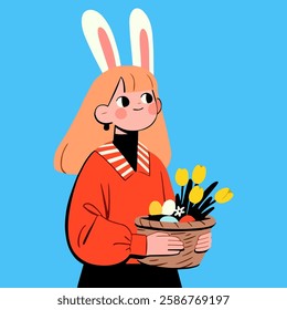 Easter greeting card with cute bunny and flowers. Vector cartoon illustration.