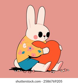 Easter greeting card with cute bunny and flowers. Vector cartoon illustration.