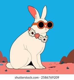 Easter greeting card with cute bunny and flowers. Vector cartoon illustration.