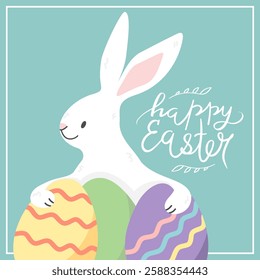 Easter greeting card with a cute Easter Bunny holding painted eggs. Happy Easter Day. Hand drawn vector illustration