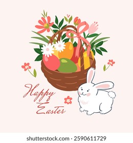 Easter greeting card with cute bunny and basket with eggs and flowers.Square shape template with easter symbols.Vector flat illustration