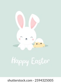 Easter greeting card. Cute bunny and chick looking out of a hole. Flat vector illustration