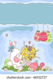 easter greeting card with cute bunny with spring flowers